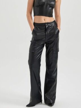 DEFACTO Modest Black Faux Leather Cargo Pockets Wide Straight Leg Pants 10 NWOT
